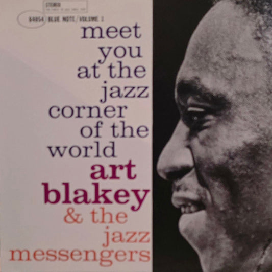 Album cover with text 'meet you at the jazz corner of the world' and a profile of a person, featuring the artist Art Blakey & the Jazz Messengers.