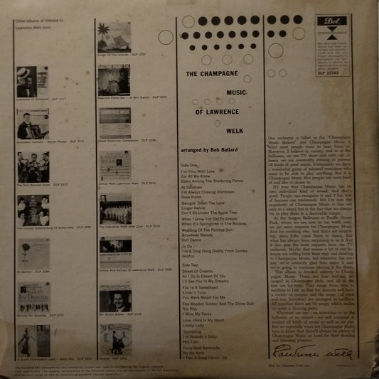Back cover of a vinyl record with text and black and white photos on a brown background