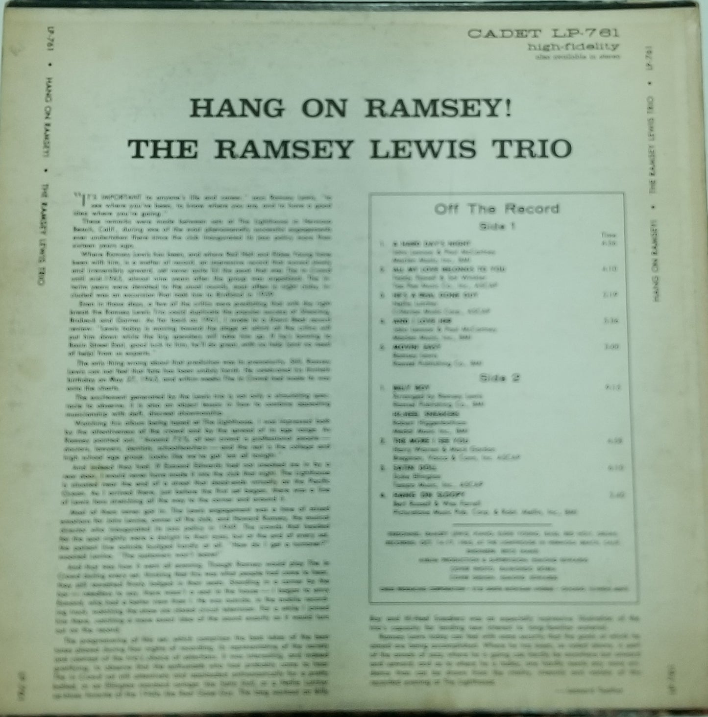 Back cover of a vinyl record with text and tracklist for 'The Ramsey Lewis Trio' album.