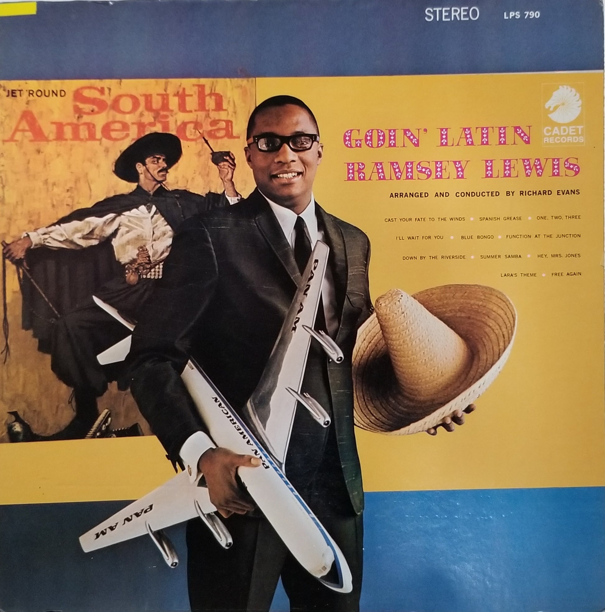 Album cover featuring a man holding a model airplane with South American theme