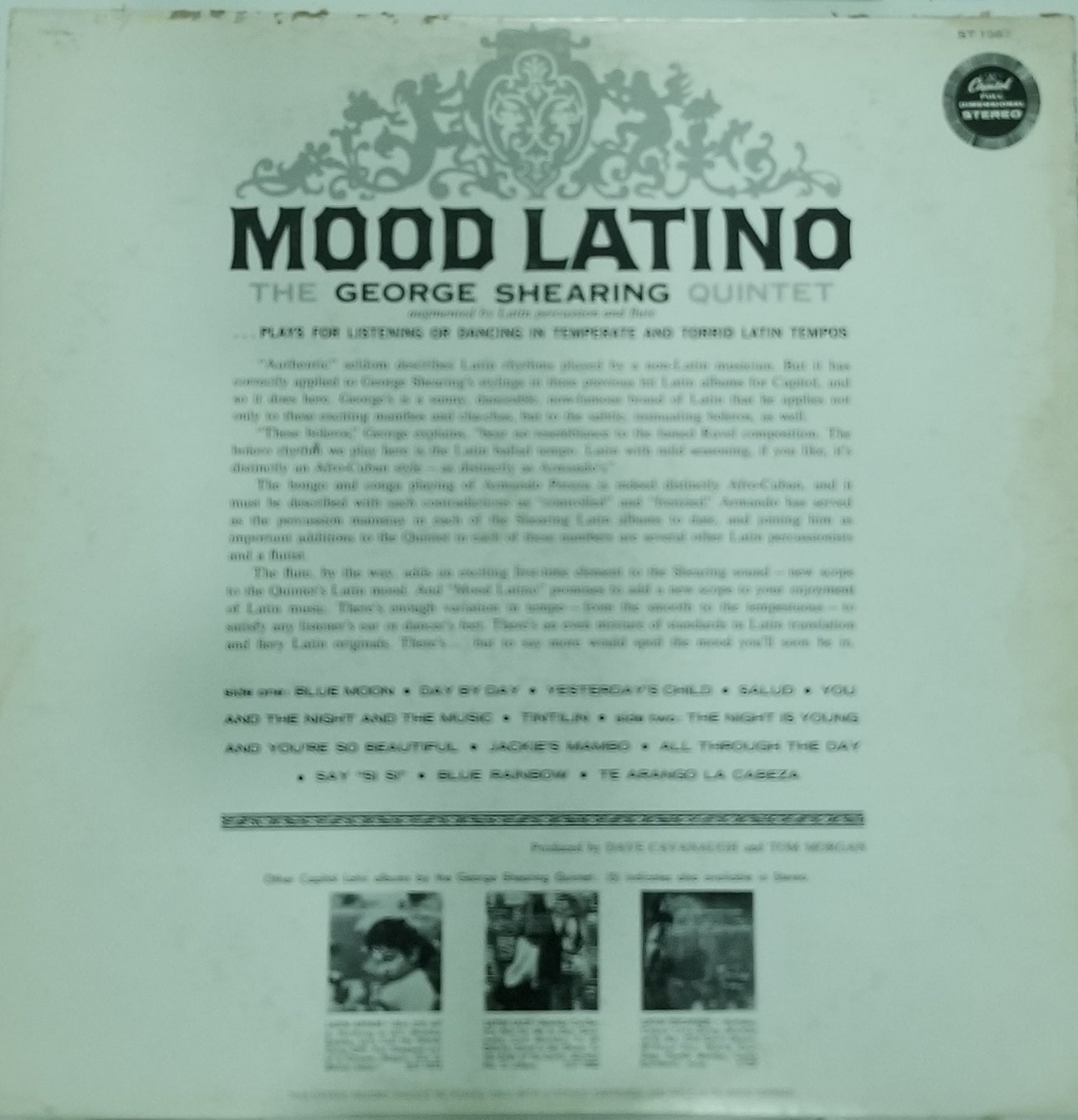 Back cover of a vinyl record featuring text and images of a music group.