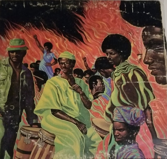 Artistic depiction of a group of people with drums and colorful attire against a fiery background