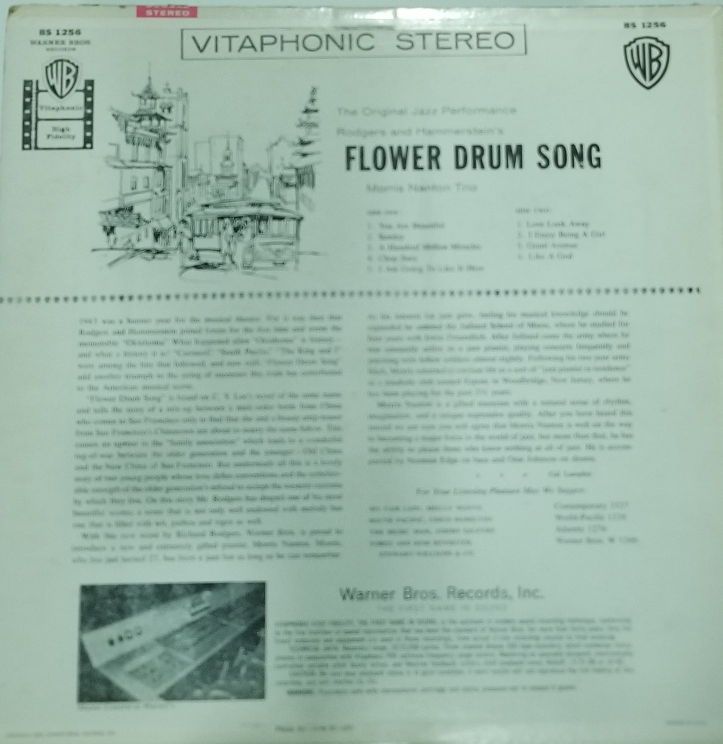Vintage record cover for 'Flower Drum Song' with text and graphics on a white background