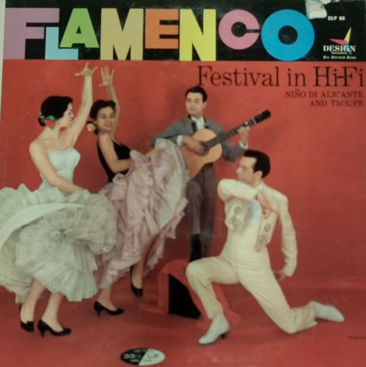 Album cover for 'Flamenco Festival in HiFi' featuring dancers and a guitarist on a red background.